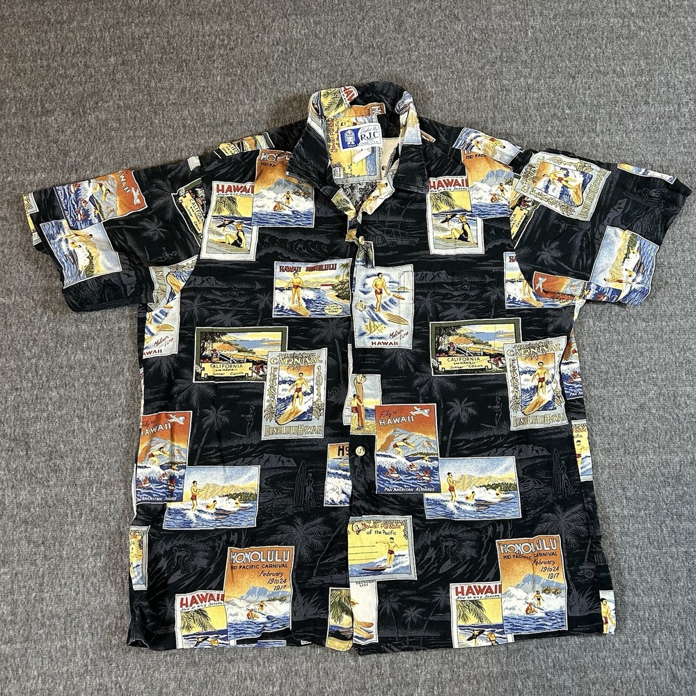 Vtg RJC LTD Hawaiian Shirt Mens L‎ Blue Scenic Sites Collage Button Down Retro